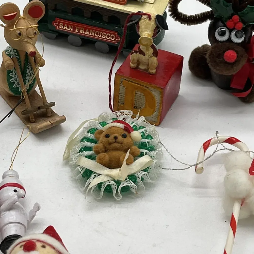 Vintage Lot Of 16 Christmas Ornaments Wooden Flocked Assorted MCM Nutcracker